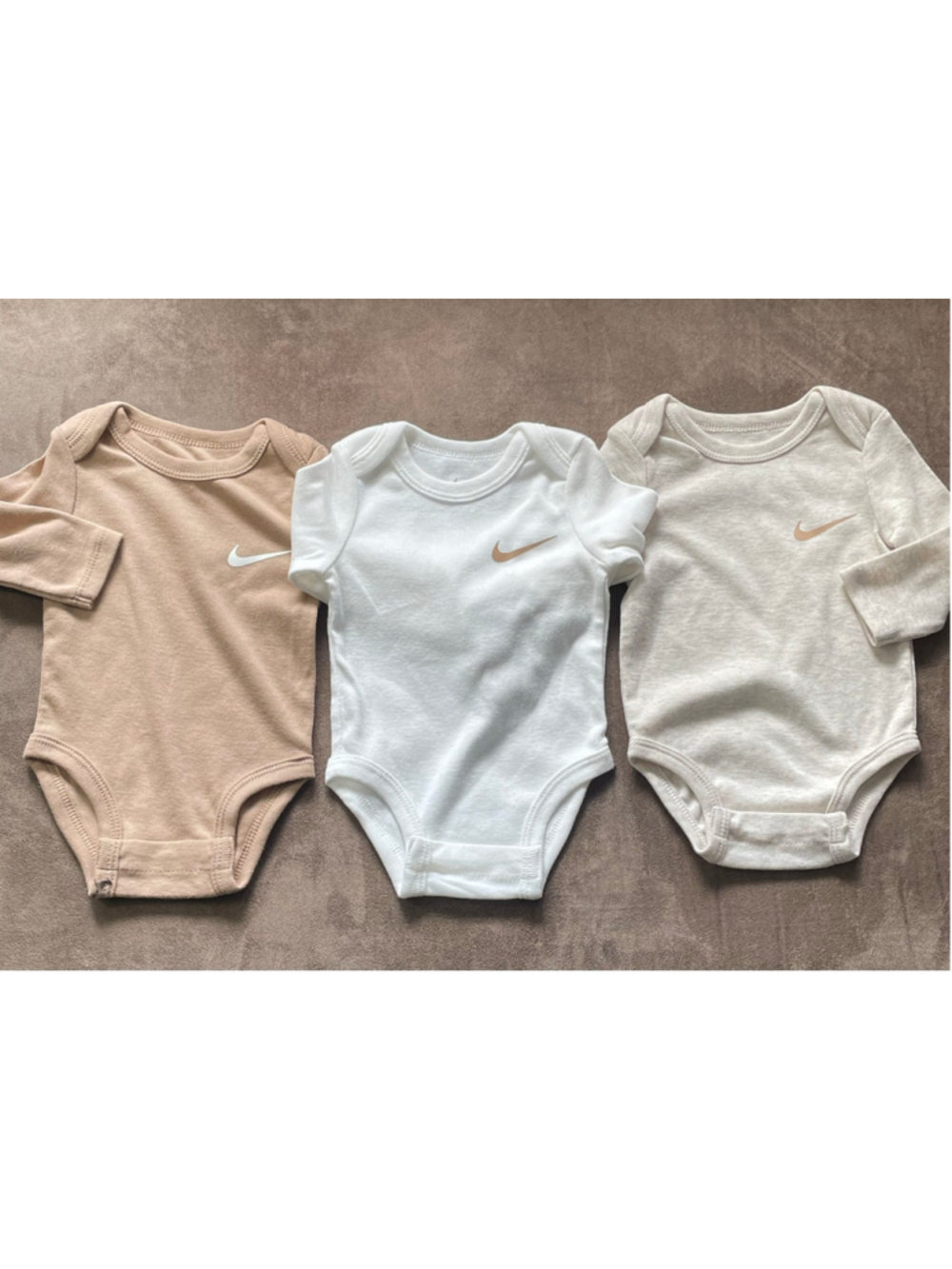 NWT Nike Infant Mini Me 3pc Bodysuits Long Sleeve Pale Ivory Heather 0-3 Month